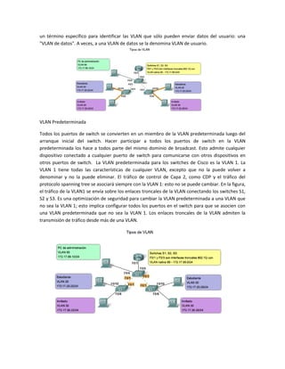 un término específico para identificar las VLAN que sólo pueden enviar datos del usuario: una
"VLAN de datos". A veces, a una VLAN de datos se la denomina VLAN de usuario.
VLAN Predeterminada
Todos los puertos de switch se convierten en un miembro de la VLAN predeterminada luego del
arranque inicial del switch. Hacer participar a todos los puertos de switch en la VLAN
predeterminada los hace a todos parte del mismo dominio de broadcast. Esto admite cualquier
dispositivo conectado a cualquier puerto de switch para comunicarse con otros dispositivos en
otros puertos de switch. La VLAN predeterminada para los switches de Cisco es la VLAN 1. La
VLAN 1 tiene todas las características de cualquier VLAN, excepto que no la puede volver a
denominar y no la puede eliminar. El tráfico de control de Capa 2, como CDP y el tráfico del
protocolo spanning tree se asociará siempre con la VLAN 1: esto no se puede cambiar. En la figura,
el tráfico de la VLAN1 se envía sobre los enlaces troncales de la VLAN conectando los switches S1,
S2 y S3. Es una optimización de seguridad para cambiar la VLAN predeterminada a una VLAN que
no sea la VLAN 1; esto implica configurar todos los puertos en el switch para que se asocien con
una VLAN predeterminada que no sea la VLAN 1. Los enlaces troncales de la VLAN admiten la
transmisión de tráfico desde más de una VLAN.
 