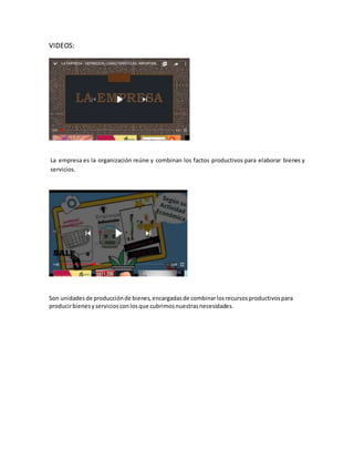 VIDEOS:
La empresa es la organización reúne y combinan los factos productivos para elaborar bienes y
servicios.
Son unidadesde producciónde bienes,encargadasde combinarlosrecursosproductivospara
producirbienesyserviciosconlosque cubrimosnuestrasnecesidades.
 