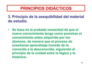 15
PRINCIPIOS DIDÁCTICOS
3. Principio de la asequibilidad del material
de estudio.
•  Se basa en la probada necesidad de q...