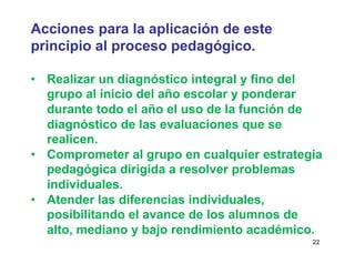 22
Acciones para la aplicación de este
principio al proceso pedagógico.
•  Realizar un diagnóstico integral y fino del
gru...