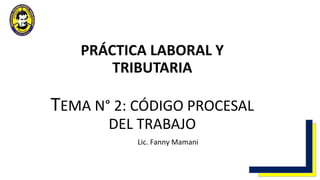 PRÁCTICA LABORAL Y
TRIBUTARIA
TEMA N° 2: CÓDIGO PROCESAL
DEL TRABAJO
Lic. Fanny Mamani
 
