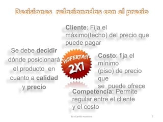 by ricardo montero 7
Se debe decidir
dónde posicionará
el producto en
cuanto a calidad
y precio
Cliente: Fija el
máximo(techo) del precio que
puede pagar
Costo: fija el
mínimo
(piso) de precio
que
se puede ofrece
Competencia: Permite
regular entre el cliente
y el costo
 