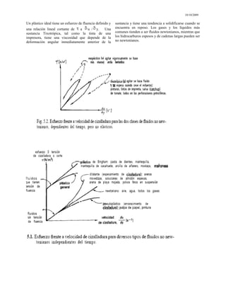 10/10/2009
Un plástico ideal tiene un esfuerzo de fluencia definido y
una relación lineal cortante de a u / y. Una
sustancia Tixotrópica, tal como la tinta de una
impresora, tiene una viscosidad que depende de la
deformación angular inmediatamente anterior de la
sustancia y tiene una tendencia a solidificarse cuando se
encuentra en reposo. Los gases y los líquidos más
comunes tienden a ser fluidos newtonianos, mientras que
los hidrocarburos espesos y de cadenas largas pueden ser
no newtonianos.
 