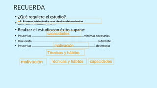 RECUERDA 
•¿Qué requiere el estudio? 
•……………………………… 
•Realizar el estudio con éxito supone: 
•Poseer las ……………………………………………………………mínimas necesarias 
•Que exista ……………………………………………………………….……….….suficiente. 
•Poseer las ………………………………………………………..…………….... de estudio 
capacidades 
motivación 
Técnicas y hábitos 
capacidades 
motivación 
Técnicas y hábitos R: Esfuerzo intelectual y unas técnicas determinadas. 