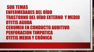 SUB TEMAS
ENFERMEDADES DEL OÍDO
TRASTORNO DEL OÍDO EXTERNO Y MEDIO
OTITIS AGUDA
CERUMEN EN CONDUCTO AUDITIVO
PERFORACION TIMPATICA
OTITIS MEDIA Y CRÓNICA
 