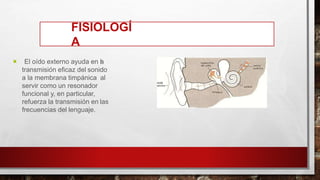 FISIOLOGÍ
A
 El oído externo ayuda en la
transmisión eficaz del sonido
a la membrana timpánica al
servir como un resonador
funcional y, en particular,
refuerza la transmisión en las
frecuencias del lenguaje.
 