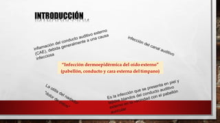 INTRODUCCIÓN
“Infección dermoepidérmica del oído externo”
(pabellón, conducto y cara externa del tímpano)
 
