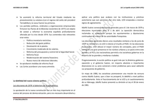 HISTORIA DE ESPAÑA Ud. La España actual (1959-1975)
2º BACHILLERATO Página 6
 Se acometió la reforma territorial del Estado mediante las
preautonomías La catalana (con el regreso del exilio del president
Tarradellas) y la vasca fueron las primeras.
 Los partidos políticos, sindicatos y organizaciones empresariales
firmaron los Pactos de la Moncloa noviembre de 1977) con objeto
de sanear y reformar la economía española profundamente
afectada por la crisis desde 1974. Sus contenidos más relevantes
eran estos:
o Política monetaria restrictiva.
o Reducción del gasto público.
o Devaluación de la peseta.
o Crecimiento moderado de los salarios.
o Reforma del presupuesto y control de la Seguridad Social.
o Reforma fiscal.
o Modernización del sistema financiero.
o Nuevo marco de relaciones laborales.
 Se aprobaron medidas de reforma fiscal
 Las Cortes acordaron una nueva amnistía.
La debilidad del nuevo sistema político.
Las elecciones de 1979: el deterioro de la vida política.
La aprobación de la nueva constitución fue un hito muy importante en el
avance del proceso de democratización, pero era necesario desarrollarla y
aplicar una política que acabara con las instituciones y prácticas
autoritarias que aun pervivían. Por otro lado, UCD empezaba a mostrar
signos de agotamiento.
Adolfo Suárez convocó elecciones generales para el 1 de marzo de 1979 y
elecciones municipales para el 1 de abril. La oposición democrática
reclamaba su celebración porque los ayuntamientos y diputaciones
continuaban en manos de las autoridades franquistas.
Las elecciones generales dieron unos resultados similares a los de junio de
1977: ni reforzaron a la UCD ni dieron el triunfo al PSOE. En las elecciones
municipales, UCD obtuvo el mayor número de concejales, pero el PSOE
consiguió una gran presencia en los núcleos urbanos y un pacto entre este
partido y el PCE y los nacionalistas permitió a los socialistas gobernar en la
mayoría de las grandes y medianas ciudades.
Progresivamente, la acción política se guió más por la dinámica gobierno-
oposición y el gobierno Suárez, sin mayoría absoluta e importantes
disensiones en su seno comenzó a tener problemas para sacar adelante
sus propuestas de gobierno.
En mayo de 1980, los socialistas promovieron una moción de censura
contra Adolfo Suárez, que si bien no prosperó, le debilitó a nivel político
profundamente. Ante el fraccionamiento de la UCD y el cuestionamiento
de su liderazgo, Adolfo Suárez presentó su dimisión al rey el 28 de enero
de 1981.
 