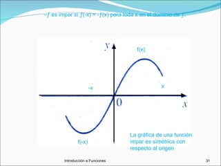 ƒ es impar si ƒ(-x) = -ƒ(x) para toda x en el dominio de ƒ. -x x f(-x)  f(x) La gráfica de una función impar es simétrica con respecto al origen  Introducciòn a Funciones 
