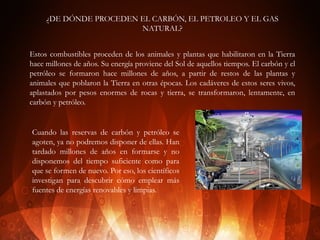 ¿DE DÓNDE PROCEDEN EL CARBÓN, EL PETROLEO Y EL GAS
NATURAL?
Estos combustibles proceden de los animales y plantas que habilitaron en la Tierra
hace millones de años. Su energía proviene del Sol de aquellos tiempos. El carbón y el
petróleo se formaron hace millones de años, a partir de restos de las plantas y
animales que poblaron la Tierra en otras épocas. Los cadáveres de estos seres vivos,
aplastados por pesos enormes de rocas y tierra, se transformaron, lentamente, en
carbón y petróleo.

Cuando las reservas de carbón y petróleo se
agoten, ya no podremos disponer de ellas. Han
tardado millones de años en formarse y no
disponemos del tiempo suficiente como para
que se formen de nuevo. Por eso, los científicos
investigan para descubrir cómo emplear más
fuentes de energías renovables y limpias.

 