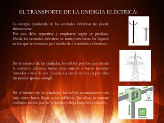 EL TRANSPORTE DE LA ENERGÍA ELÉCTRICA:
La energía producida en las centrales eléctricas no puede
almacenarse.
Por eso, debe repartirse y emplearse según se produce.
Desde las centrales eléctricas se transporta hasta los lugares
en los que se consume por medio de los tendidos eléctricos.

En el exterior de las ciudades, los cables por los que circula
la corriente eléctrica suelen estar sujetos a torres elevadas
llamadas torres de alta tensión. La corriente circula por ellas
sin perder apenas energía.
En el interior de las ciudades, los cables normalmente van
bajo tierra hasta llegar a los edificios. En ellos, se reparte
mediante cables por las viviendas y llega hasta los enchufes.

 
