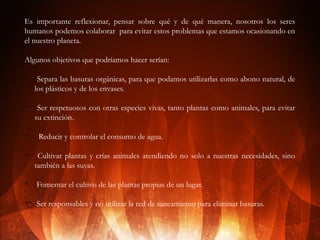 Es importante reflexionar, pensar sobre qué y de qué manera, nosotros los seres
humanos podemos colaborar para evitar estos problemas que estamos ocasionando en
el nuestro planeta.
Algunos objetivos que podríamos hacer serían:
v

v

v

v

Separa las basuras orgánicas, para que podamos utilizarlas como abono natural, de
los plásticos y de los envases.
Ser respetuosos con otras especies vivas, tanto plantas como animales, para evitar
su extinción.
Reducir y controlar el consumo de agua.
Cultivar plantas y crías animales atendiendo no solo a nuestras necesidades, sino
también a las suyas.

v

Fomentar el cultivo de las plantas propias de un lugar.

v

Ser responsables y no utilizar la red de saneamiento para eliminar basuras.

 