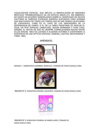 VISUALIZACIÓN ESPACIAL, QUE IMPLICA LA MANIPULACIÓN DE IMÁGENES
MENTALES TRIDIMENSIONALES EN UN ESPACIO ABSOLUTO. SIN EMBARGO,
NO EXISTE UN ACUERDO GENERALIZADO SOBRE EL SIGNIFICADO DE DICHOS
FACTORES NI TAMPOCO EVIDENCIA EMPÍRICA SUFICIENTE PARA AFIRMAR
QUE DAN CUENTA DE TODAS LAS TAREAS QUE SE HAN VENIDO CALIFICANDO
DE ESPACIALES, COMO ES EL CASO DE LOS INDICADORES DE LA
DEPENDENCIA DE CAMPO, O EL DE LA TAREA PIAGETIANA DE NIVELAR EL
AGUA, UN TEST ESPACIAL CAMUFLADO, SEGÚN GEIRINGER Y HYDE (1976).
ADEMÁS, EL HECHO DE QUE NO SIEMPRE CORRELACIONEN MUCHO ENTRE
ELLOS (KAGAN, 1982) HA LLEVADO A ALGUNOS AUTORES A CUESTIONAR LA
EXISTENCIA DE UNA APTITUD ESPACIAL GENERAL (CAPTAN, MACPHERSON Y
TOBIN, 1985).

                           APÉNDICE:




IMAGEN 1.- HEMISFERIO CEREBRAL DERECHO. (TOMADO DE WWW.GOOGLE.COM)




IMAGEN Nº 2: HEMISFERIO CEREBRAL IZQUIERDO. (TOMADO DE WWW.GOOGLE.COM)




IMAGEN Nº 3: HEMISFERIO CEREBRAL DE AMBOS LADOS. (TOMADO DE
WWW.GOOGLE.COM)
 