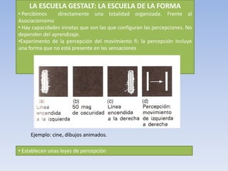 LA ESCUELA GESTALT: LA ESCUELA DE LA FORMA
• Percibimos directamente una totalidad organizada. Frente al
Asociacionismo
• Hay capacidades innatas que son las que configuran las percepciones. No
dependen del aprendizaje.
•Experimento de la percepción del movimiento fi: la percepción incluye
una forma que no está presente en las sensaciones
Ejemplo: cine, dibujos animados.
• Establecen unas leyes de percepción
 