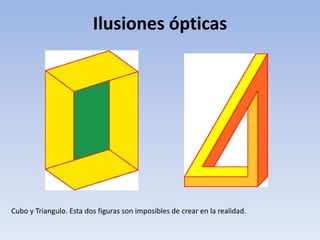Ilusiones ópticas
Cubo y Triangulo. Esta dos figuras son imposibles de crear en la realidad.
 