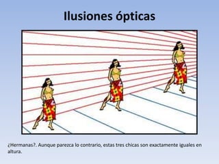 Ilusiones ópticas
¿Hermanas?. Aunque parezca lo contrario, estas tres chicas son exactamente iguales en
altura.
 