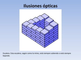 Ilusiones ópticas
Escalera. Esta escalera, según como la mires, está siempre subiendo o está siempre
bajando.
 