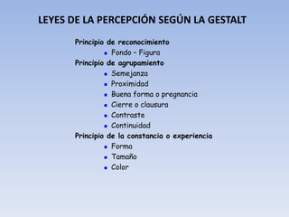 Principio de reconocimiento
 Fondo – Figura
Principio de agrupamiento
 Semejanza
 Proximidad
 Buena forma o pregnancia
 Cierre o clausura
 Contraste
 Continuidad
Principio de la constancia o experiencia
 Forma
 Tamaño
 Color
LEYES DE LA PERCEPCIÓN SEGÚN LA GESTALT
 