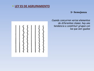1- Semejanza
Cuando concurren varios elementos
de diferentes clases, hay una
tendencia a constituir grupos con
los que son iguales
 LEY ES DE AGRUPAMIENTO
 
