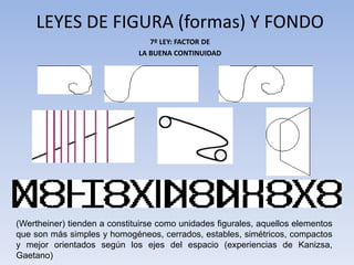 7º LEY: FACTOR DE
LA BUENA CONTINUIDAD
LEYES DE FIGURA (formas) Y FONDO
(Wertheiner) tienden a constituirse como unidades figurales, aquellos elementos
que son más simples y homogéneos, cerrados, estables, simétricos, compactos
y mejor orientados según los ejes del espacio (experiencias de Kanizsa,
Gaetano)
 
