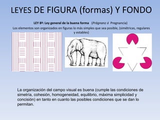 LEY 8ª: Ley general de la buena forma (Prägnanz ó Pregnancia)
Los elementos son organizados en figuras lo más simples que sea posible, (simétricas, regulares
y estables)
LEYES DE FIGURA (formas) Y FONDO
La organización del campo visual es buena (cumple las condiciones de
simetría, cohesión, homogeneidad, equilibrio, máxima simplicidad y
concisión) en tanto en cuanto las posibles condiciones que se dan lo
permitan.
 