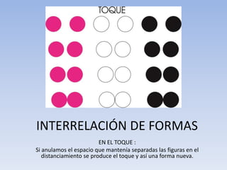 EN EL TOQUE :
Si anulamos el espacio que mantenía separadas las figuras en el
distanciamiento se produce el toque y así una forma nueva.
INTERRELACIÓN DE FORMAS
 