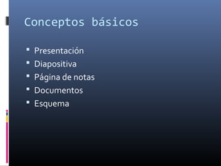Conceptos básicos
 Presentación
 Diapositiva
 Página de notas
 Documentos
 Esquema
 