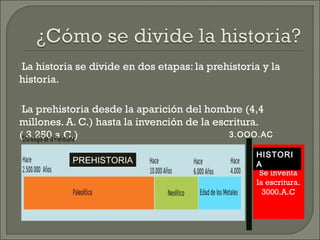 La

historia se divide en dos etapas: la prehistoria y la
historia.
La

prehistoria desde la aparición del hombre (4,4
millones. A. C.) hasta la invención de la escritura.
3.OOO.AC
( 3.250 a.C.)
PREHISTORIA

HISTORI
A
Se inventa
la escritura.
3000.A.C

 