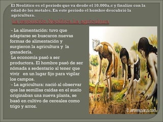-

La alimentación: tuvo que
adaptarse se buscaron nuevas
formas de alimentación y
surgieron la agricultura y la
ganadería.
La economía pasó a ser
productora. El hombre pasó de ser
nómada a sedentario al tener que
vivir  en un lugar fijo para vigilar
los campos.
- La agricultura: nació al observar
que las semillas caídas en el suelo
originaban una nueva planta, se
basó en cultivo de cereales como
trigo y arroz.

 