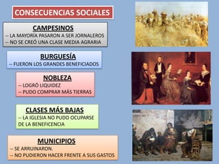CONSECUENCIAS SOCIALES
CAMPESINOS
-- LA MAYORÍA PASARON A SER JORNALEROS
-- NO SE CREÓ UNA CLASE MEDIA AGRARIA

BURGUESÍA
-- FUERON LOS GRANDES BENEFICIADOS

NOBLEZA
-- LOGRÓ LIQUIDEZ
-- PUDO COMPRAR MÁS TIERRAS

CLASES MÁS BAJAS
-- LA IGLESIA NO PUDO OCUPARSE
DE LA BENEFICENCIA

MUNICIPIOS
-- SE ARRUINARON.
-- NO PUDIERON HACER FRENTE A SUS GASTOS

 