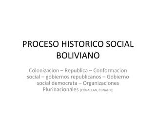 PROCESO HISTORICO SOCIAL
BOLIVIANO
Colonizacion – Republica – Conformacion
social – gobiernos republicanos – Gobierno
social democrata – Organizaciones
Plurinacionales (CONALCAN, CONALDE)

 