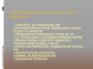 TEMA: FUNCION DE PRODUCCIÓN DE LAS 
EMPRESAS 
1.CONCEPTO DE PRODUCCIÓN. P86 
2.FACTORES PRODUCTIVOS. PRODUCCIÓN A CORTO 
PLAZO Y A LARGO P89 
3.PROCESOS DE PRODUCCIÓN Y TIPOS. 86 Y 87 
4.LA TECNOLOGÍA Y LA EFICIENCIA PRODUCTIVA P88 
5.PRODUCTIVIDAD: CONCEPTO, VARIACIÓN Y 
PRODUCTIVIDAD GLOBAL P106-107 
6.COSTES DE PRODUCCIÓN. ASIGNACIÓN DE COSTES. 
P90 
7.ESTRUCTURA DE COSTES.P92 
8.UMBRAL DE RENTABILIDAD.P93 
9.DECISIÓN DE PRODUCIR. 
 