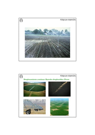 Riego por aspersiRiego por aspersiRiego por aspersiRiego por aspersiRiego por aspersiRiego por aspersiRiego por aspersiRiego por aspersióóóóóóóónnnnnnnn
Riego por aspersiRiego por aspersiRiego por aspersiRiego por aspersiRiego por aspersiRiego por aspersiRiego por aspersiRiego por aspersióóóóóóóónnnnnnnn
Desplazamiento continuo: Ramales desplazables: Pivote
 