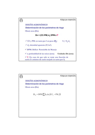 Riego por aspersiRiego por aspersiRiego por aspersiRiego por aspersiRiego por aspersiRiego por aspersiRiego por aspersiRiego por aspersióóóóóóóónnnnnnnn
DISEÑO AGRONÓMICO
Determinación de los parámetros de riego
•Dosis neta (Dn)
Dn = (CC-PM) da DPM z P
CC y PM: en tanto por 1 en peso (θg)
DPM: Déficit Permisible de Manejo
θ v= θg da
da: densidad aparente (T/m3)
z: profundidad de las raíces (mm)
P: En caso de que solo se moje una fracción de
suelo (% mínimo de suelo mojado en tanto por 1)
Unidades Dn (mm)
Riego por aspersiRiego por aspersiRiego por aspersiRiego por aspersiRiego por aspersiRiego por aspersiRiego por aspersiRiego por aspersióóóóóóóónnnnnnnn
DISEÑO AGRONÓMICO
Determinación de los parámetros de riego
•Dosis neta (Dn)
( )( )∑ −= iiiiN PMCCdazDPMD
 