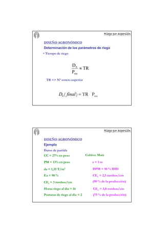 Riego por aspersiRiego por aspersiRiego por aspersiRiego por aspersiRiego por aspersiRiego por aspersiRiego por aspersiRiego por aspersióóóóóóóónnnnnnnn
DISEÑO AGRONÓMICO
Determinación de los parámetros de riego
• Tiempo de riego
TR => Nº entero superior
TR
P
D
ms
b
≈
msPTR)( =finalDb
Riego por aspersiRiego por aspersiRiego por aspersiRiego por aspersiRiego por aspersiRiego por aspersiRiego por aspersiRiego por aspersióóóóóóóónnnnnnnn
DISEÑO AGRONÓMICO
Ejemplo
Datos de partida
CC = 27% en peso
PM = 13% en peso
da = 1,35 T/m3
z = 1 m
DPM = 50 % IHD
Cultivo: Maíz
Ea = 90 %
CEi = 3 mmhos/cm
CEe = 2,5 mmhos/cm
(90 % de la producción)
CEe = 3,8 mmhos/cm
(75 % de la producción)
Horas riego al día = 16
Posturas de riego al día = 2
 