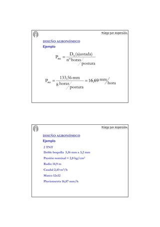 Riego por aspersiRiego por aspersiRiego por aspersiRiego por aspersiRiego por aspersiRiego por aspersiRiego por aspersiRiego por aspersióóóóóóóónnnnnnnn
DISEÑO AGRONÓMICO
Ejemplo
hora
mm,1
postura
horas8
mm133,56
P 696==ms
postura
horasnº
(ajustada)D
P b
=ms
Riego por aspersiRiego por aspersiRiego por aspersiRiego por aspersiRiego por aspersiRiego por aspersiRiego por aspersiRiego por aspersióóóóóóóónnnnnnnn
DISEÑO AGRONÓMICO
Ejemplo
2 TNT
Doble boquilla 5,16 mm x 3,2 mm
Presión nominal = 2,8 kg/cm2
Radio 14,9 m
Caudal 2,43 m3/h
Marco 12x12
Pluviometría 16,87 mm/h
 