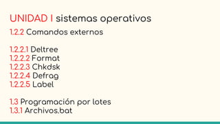 UNIDAD I sistemas operativos
1.2.2 Comandos externos
1.2.2.1 Deltree
1.2.2.2 Format
1.2.2.3 Chkdsk
1.2.2.4 Defrag
1.2.2.5 Label
1.3 Programación por lotes
1.3.1 Archivos.bat
 
