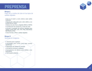 PREPRENSA
8
Bloque I
Pixel, DPI y modos de color en los tipos de
salidas digitales
• Que es el pixel y como afecta cada salida
impresión
• Resolución adecuada para cada salida y sus
problemáticas reales
• Modos de color físico y digitales (RGB vs CMYK)
• Combinación de resolución y modo de color
• Armado y guardado de archivos digitales para
salidas varias (PDF, JPG, TIFF, PNG, ARCHIVOS
MATRICES y EPS)
• Gran formato, offset y salidas digitales
Bloque II
Vectores vs imágenes
• Vectores para Logotipos
• Vectoriales para cortes (vinil, laser, puntas
mecánicas)
• Separación de colores en vectores
• Armado de revistas y catálogos
• Correcciones de colores para salidas y sus
parámetros
• Terminados y efectos
 