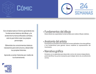 CÓMIC
SEMANAS
24
• Fundamentos del dibujo
• Anatomía del artista
• Narrativa gráfica
Desarrollarás las capacidades fundamentales para realizar dibujos realistas.
Contarás con la capacidad para desarrollar comics de manera independiente,
podrá identificar los puntos necesarios para trabajar dentro de una editorial de
cómics.
Conocerás los principios de la anatomía humana aplicadas a las artes gráficas
y los fundamentos para generar drama mediante la representación del
movimiento.
Con el diplomado en Cómic aprenderás los
fundamentos básicos del dibujo y la
anatomía humana enfocada a artistas,
esto te permitirá crear tus propios
personajes.
Obtendrás los conocimientos básicos
necesarios para estructurar y desarrollar
tus propias historias.
Aprende a contar historias por medio de
tus ilustraciones.
 