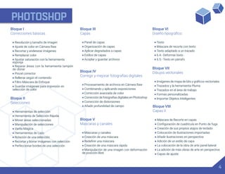 PHOTOSHOP
4
Bloque I
Correcciones básicas
• Resolución y tamaño de imagen
• Ajuste de color en Cámara Raw
• Recortar y enderezar imágenes
• Remplazar color
• Ajustar saturación con la herramienta
• Reparar áreas con la herramienta tampón
de clonar
• Pincel corrector
• Rellenar según el contenido
• Filtro Máscara de Enfoque
• Guardar imágenes para impresión en
selección de color
Bloque II
Selecciones
• Herramientas de selección
• Herramienta de Selección Rápida
• Mover áreas seleccionadas
• Manipulación de selecciones
• Varita Mágica
• Herramientas de Lazo
• Rotación de una selección
• Recortar y borrar imágenes con selección
• Perfeccionar bordes de una selección
esponja
Bloque III
Capas
• Panel de capas
• Organización de capas
• Aplicar degradados a capas
• Estilos de capas
• Acoplar y guardar archivos
Bloque IV
Corregir y mejorar fotografías digitales
• Procesamiento de archivos en Cámara Raw
• Combinando y aplicando exposiciones
• Corrección avanzada de color
• CorreccióndefotografíasdigitalesenPhotoshop
• Corrección de distorsiones
• Añadir profundidad de campo
Bloque V
Mascaras y canales
• Máscaras y canales
• Creación de una máscara
•
• Creación de una máscara rápida
• Manipulación de una imagen con deformación
de posición libre
Bloque VI
• Texto
• Máscara de recorte con texto
• Texto adaptado a un trazado
• 6.4.- Deformar texto
• 6.5.- Texto en párrafo
Bloque VII
Dibujos vectoriales
•
• Trazados y la herramienta Pluma
• Trazados en el área de trabajo
• Formas personalizadas
• Importar Objetos Inteligentes
Bloque VIII
Capas II
• Máscara de Recorte en capas
•
• Creación de sus propios atajos de teclado
• Colocación de ilustraciones importadas
• Añadir ilustraciones en perspectiva
• Adición de un estilo de capa
• La colocación de la obra de arte panel lateral
• La adición de más obras de arte en perspectiva
• Capas de ajuste
 