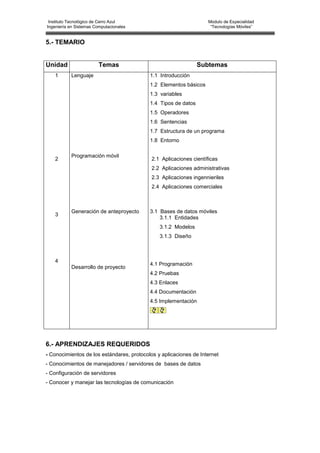 Instituto Tecnológico de Cerro Azul                                Modulo de Especialidad
Ingeniería en Sistemas Computacionales                               “Tecnologías Móviles”


5.- TEMARIO


Unidad                   Temas                                  Subtemas
   1       Lenguaje                        1.1 Introducción
                                           1.2 Elementos básicos
                                           1.3 variables
                                           1.4 Tipos de datos
                                           1.5 Operadores
                                           1.6 Sentencias
                                           1.7 Estructura de un programa
                                           1.8 Entorno

           Programación móvil
   2                                        2.1 Aplicaciones científicas
                                            2.2 Aplicaciones administrativas
                                            2.3 Aplicaciones ingennieriles
                                            2.4 Aplicaciones comerciales



           Generación de anteproyecto      3.1 Bases de datos móviles
   3
                                               3.1.1 Entidades
                                               3.1.2 Modelos
                                               3.1.3 Diseño



   4
                                           4.1 Programación
           Desarrollo de proyecto
                                           4.2 Pruebas
                                           4.3 Enlaces
                                           4.4 Documentación
                                           4.5 Implementación




6.- APRENDIZAJES REQUERIDOS
- Conocimientos de los estándares, protocolos y aplicaciones de Internet
- Conocimientos de manejadores / servidores de bases de datos
- Configuración de servidores
- Conocer y manejar las tecnologías de comunicación
 