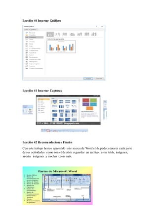 Lección 40 Insertar Gráficos
Lección 41 Insertar Capturas
Lección 42 Recomendaciones Finales
Con este trabajo hemos aprendido más acerca de Word el de poder conocer cada parte
de sus actividades como son el de abrir o guardar un archivo, crear tabla, imágenes,
insertar imágenes y muchas cosas más.
 