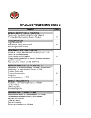 DIPLOMADO PROCEDIMIENTO COBRO COACTIVO Y DEVOLUCIONES
                            TEMARIO                                HORAS

DERECHO CONSTITUCIONAL TRIBUTARIO
Fundamentos Constitucionales del Derecho Tributario.
Principios Constitucionales del Derecho Tributario                  10

HACIENDA PÚBLICA
Origen de los tributos.
Estructura del presupuesto nacional.                                10
Economía y hacienda Pública

PROCEDIMIENTO DE COBRO COACTIVO
Formas de Extinguir las obligaciones (art 800 - art 822-1 ET )
Titulos Ejecutivos y Garantias
Cobro Coactivo (art 823 - 843-2)                                    25
Procedimiento Procesal Civil en cuanto a embargos, secuestro,
opocisión y remate
Responsabilidad Solidaria (art 792 - 799-1 ET)

PROCESOS ESPECIALES (art 844 al art 849-4 ET)
Intervención de la DIAN en procesos judiciales y administrativos
liquidatorios o de reestructuración Decreto 2211/04
Procesos Concursales
Presentación de creditos                                            20
Actuaciones
Ley de Insolvencia Ley 1116/96

DERECHO ADMINISTRATIVO
Actuaciones Administrativas (Derechos de Petición)
Via Gubernativa                                                     15
La función pública.
Derecho disciplinario.

DEVOLUCIONES Y COMPENSACIONES.
Procedimiento General de Devoluciones Art 850 - 865 ET
Deberes y Obligaciones Formales, y declaraciones
Regimen Sancionatorio
Cruce de Cuentas                                                    20
Regimen Probatorio
Sentencias y conciliaciones judiciales
 