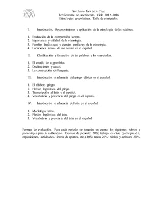 Sor Juana Inés de la Cruz
1er Semestre de Bachillerato. Ciclo 2015-2016
Etimologías grecolatinas. Tabla de contenidos.
I. Introducción. Reconocimiento y aplicación de la etimología de las palabras.
1. Evaluación de la comprensión lectora.
2. Importancia y utilidad de la etimología.
3. Familias lingüísticas y ciencias auxiliares de la etimología.
4. Locuciones latinas de uso común en el español.
II. Clasificación y formación de las palabras y los enunciados.
1. El estudio de la gramática.
2. Declinaciones y casos.
3. La construcción del lenguaje.
III. Introducción e influencia del griego clásico en el español.
1. El alfabeto griego.
2. Flexión lingüística del griego.
3. Transcripción al latín y al español.
4. Vocabulario y presencia del griego en el español.
IV. Introducción e influencia del latín en el español.
1. Morfología latina.
2. Flexión lingüística del latín.
3. Vocabulario y presencia del latín en el español.
Formas de evaluación. Para cada periodo se tomarán en cuenta los siguientes rubros y
porcentajes para la calificación: Examen de periodo: 20%; trabajo en clase (participación,
exposiciones, actividades, libreta de apuntes, etc.) 40%; tareas 20%; hábitos y actitudes 20%.
 