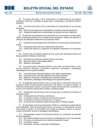 BOLETÍN OFICIAL DEL ESTADO
Núm. 278	

Viernes 18 de noviembre de 2011	

Sec. II.B. Pág. 119784

46.  Funciones del juego y de la creatividad en el aprendizaje de las lenguas
extranjeras. Definición y tipología de juegos para el aprendizaje y el perfeccionamiento
lingüístico.
46.1  Funciones del juego y de la creatividad en el aprendizaje de las lenguas
extranjeras.
46.2  Definición de juegos para el aprendizaje y el perfeccionamiento lingüístico.
46.3  Tipología de juegos para el aprendizaje y el perfeccionamiento lingüístico.
47.  El papel de las tecnologías de la información y la comunicación en la Educación
infantil. El lenguaje audiovisual y sus implicaciones educativas. Criterios de selección y
utilización de materiales multimedia en la Educación infantil.
47.1  El papel de las tecnologías de la información y la comunicación en la Educación
infantil.
47.2  El lenguaje audiovisual y sus implicaciones educativas.
47.3  Criterios de selección y utilización de materiales multimedia en la Educación
infantil.
48.  Evolución de la expresión plástica de cero a seis años. Elementos básicos del
lenguaje plástico. Modelos y estereotipos.
48.1  Evolución de la expresión plástica de cero a seis años.
48.2  Elementos básicos del lenguaje plástico.
48.3  Modelos y estereotipos.
49.  Las producciones culturales plásticas como objeto de aprendizaje y como
recurso didáctico. Objetivos, contenidos, materiales, actividades y estrategias
metodológicas de la expresión plástica.
49.1 
49.2 
49.3 
49.4 

Las producciones culturales plásticas como objeto de aprendizaje.
Las producciones culturales plásticas como recurso didáctico.
Objetivos, contenidos y materiales de la expresión plástica.
Actividades y estrategias metodológicas de la expresión plástica.

50.  El desarrollo musical entre los cero y los seis años La educación musical en la
Educación infantil. El descubrimiento del sonido y del silencio. La audición musical. La
melodía en la educación musical. La educación musical a través del ritmo. La canción. La
música como expresión cultural de los pueblos: el folclore popular.
50.1  El desarrollo musical entre los cero y los seis años. La educación musical en la
Educación infantil.
50.2  El descubrimiento del sonido y del silencio.
50.3  La audición musical. La melodía en la educación musical.
50.4  La educación musical a través del ritmo. La canción.
50.5  La música como expresión cultural de los pueblos: el folclore popular.

51.1  El aprendizaje musical en la Educación infantil y su contribución al desarrollo
de otras habilidades.
51.2  Ejes del aprendizaje musical: la escucha, la interpretación vocal e instrumental.
51.3  El cuerpo y el movimiento como medios de expresión musical.
51.4  La creación musical.
51.5  Actividades, recursos y estrategias metodológicas.

cve: BOE-A-2011-18097

51.  El aprendizaje musical en la Educación infantil y su contribución al desarrollo de
otras habilidades. Ejes del aprendizaje musical: la escucha, la interpretación vocal e
instrumental, el cuerpo y el movimiento como medios de expresión musical, la creación
musical. Actividades, recursos y estrategias metodológicas.

 
