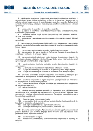 BOLETÍN OFICIAL DEL ESTADO
Viernes 18 de noviembre de 2011	

Sec. II.B. Pág. 119890

8.  La capacidad de aprender y de aprender a aprender. El proceso de enseñanza y
aprendizaje en lengua inglesa centrado en el alumno: fundamentos y aplicaciones. La
reflexión sobre el propio proceso de aprendizaje para aprender a aprender. Su lugar en el
currículo. Instrumentos y estrategias metodólogicas para favorecer la reflexión sobre el
aprendizaje.
8.1  La capacidad de aprender y de aprender a aprender.
8.2  El proceso de enseñanza y aprendizaje en lengua inglesa centrado en el alumno:
fundamentos y aplicaciones.
8.3  La reflexión sobre el propio proceso de aprendizaje para aprender a aprender.
Su lugar en el currículo.
8.4  Instrumentos y estrategias metodólogicas para favorecer la reflexión sobre el
aprendizaje.
9.  La competencia comunicativa en inglés: definición y componentes. La aportación
del Marco común de Referencia Europeo al aprendizaje, la enseñanza y evaluación de la
lengua inglesa.
9.1  La competencia comunicativa en inglés: definición y componentes.
9.2  La aportación del Marco común de Referencia Europeo al aprendizaje, la
enseñanza y evaluación de la lengua inglesa.
10.  La comunicación lingüística en inglés: ámbitos de actuación, situación de
comunicación, tareas, estrategias y textos. El papel de las tareas y de los textos en el
aprendizaje y la enseñanza de la lengua inglesa.
10.1  La comunicación lingüística en inglés: ámbitos de actuación, situación de
comunicación.
10.2  La comunicación lingüística en inglés: tareas, estrategias y textos.
10.3  El papel de las tareas y de los textos en el aprendizaje de la lengua inglesa.
10.4  El papel de las tareas y de los textos en la enseñanza de la lengua inglesa.
11.  Enseñar a comprender en inglés: esquemas, competencias y estrategias que
intervienen en la comprensión de textos orales y escritos. Aplicación didáctica.
11.1  Enseñar a comprender en inglés: esquemas y competencias que intervienen
en la comprensión de textos orales y escritos.
11.2  Enseñar a comprender en inglés: estrategias que intervienen en la comprensión
de textos orales y escritos.
11.3  Aplicación didáctica.
12.  Escuchar, hablar y conversar en inglés. La complejidad de la comprensión del
sentido global en la interacción oral: de la audición a la escucha activa y selectiva. De la
reproducción imitativa a la producción autónoma. Estrategias metodológicas para
favorecer la producción oral.
12.1  Escuchar, hablar y conversar en inglés.
12.2  La complejidad de la comprensión del sentido global en la interacción oral: de
la audición a la escucha activa y selectiva.
12.3  De la reproducción imitativa a la producción autónoma.
12.4  Estrategias metodológicas para favorecer la producción oral.
13.  Enseñar a escribir en inglés. Aproximación, maduración y perfeccionamiento del
proceso de lectura y de escritura. El papel de los modelos y de los procesos en la
producción escrita. Aplicación didáctica.
13.1  Enseñar a escribir en inglés.
13.2  Aproximación, maduración y perfeccionamiento del proceso de lectura y de
escritura.

cve: BOE-A-2011-18097

Núm. 278	

 