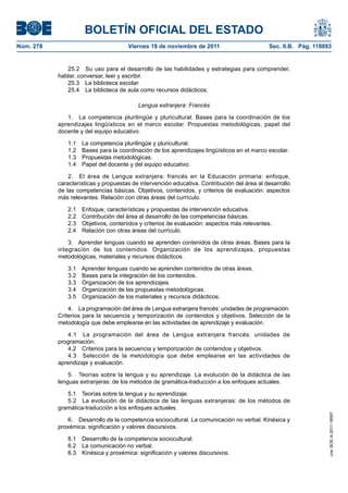BOLETÍN OFICIAL DEL ESTADO
Núm. 278	

Viernes 18 de noviembre de 2011	

Sec. II.B. Pág. 119893

25.2  Su uso para el desarrollo de las habilidades y estrategias para comprender,
hablar, conversar, leer y escribir.
25.3  La biblioteca escolar.
25.4  La biblioteca de aula como recursos didácticos.
Lengua extranjera: Francés
1.  La competencia plurilingüe y pluricultural. Bases para la coordinación de los
aprendizajes lingüísticos en el marco escolar. Propuestas metodológicas, papel del
docente y del equipo educativo.
1.1 
1.2 
1.3 
1.4 

La competencia plurilingüe y pluricultural.
Bases para la coordinación de los aprendizajes lingüísticos en el marco escolar.
Propuestas metodológicas.
Papel del docente y del equipo educativo.

2.  El área de Lengua extranjera: francés en la Educación primaria: enfoque,
características y propuestas de intervención educativa. Contribución del área al desarrollo
de las competencias básicas. Objetivos, contenidos, y criterios de evaluación: aspectos
más relevantes. Relación con otras áreas del currículo.
2.1 
2.2 
2.3 
2.4 

Enfoque, características y propuestas de intervención educativa.
Contribución del área al desarrollo de las competencias básicas.
Objetivos, contenidos y criterios de evaluación: aspectos más relevantes.
Relación con otras áreas del currículo.

3.  Aprender lenguas cuando se aprenden contenidos de otras áreas. Bases para la
integración de los contenidos. Organización de los aprendizajes, propuestas
metodológicas, materiales y recursos didácticos.
3.1 
3.2 
3.3 
3.4 
3.5 

Aprender lenguas cuando se aprenden contenidos de otras áreas.
Bases para la integración de los contenidos.
Organización de los aprendizajes.
Organización de las propuestas metodológicas.
Organización de los materiales y recursos didácticos.

4.  La programación del área de Lengua extranjera francés: unidades de programación.
Criterios para la secuencia y temporización de contenidos y objetivos. Selección de la
metodología que debe emplearse en las actividades de aprendizaje y evaluación.
4.1  La programación del área de Lengua extranjera francés: unidades de
programación.
4.2  Criterios para la secuencia y temporización de contenidos y objetivos.
4.3  Selección de la metodología que debe emplearse en las actividades de
aprendizaje y evaluación.
5.  Teorías sobre la lengua y su aprendizaje. La evolución de la didáctica de las
lenguas extranjeras: de los métodos de gramática-traducción a los enfoques actuales.

6.  Desarrollo de la competencia sociocultural. La comunicación no verbal. Kinésica y
proxémica: significación y valores discursivos.
6.1  Desarrollo de la competencia sociocultural.
6.2  La comunicación no verbal.
6.3  Kinésica y proxémica: significación y valores discursivos.

cve: BOE-A-2011-18097

5.1  Teorías sobre la lengua y su aprendizaje.
5.2  La evolución de la didáctica de las lenguas extranjeras: de los métodos de
gramática-traducción a los enfoques actuales.

 