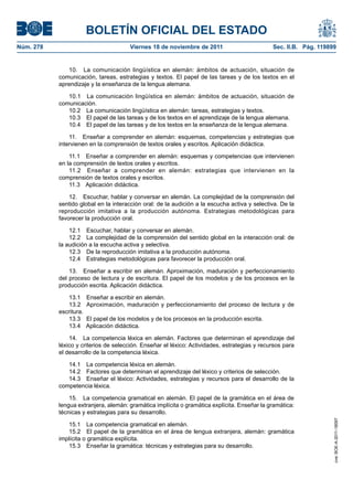 BOLETÍN OFICIAL DEL ESTADO
Núm. 278	

Viernes 18 de noviembre de 2011	

Sec. II.B. Pág. 119899

10.  La comunicación lingüística en alemán: ámbitos de actuación, situación de
comunicación, tareas, estrategias y textos. El papel de las tareas y de los textos en el
aprendizaje y la enseñanza de la lengua alemana.
10.1  La comunicación lingüística en alemán: ámbitos de actuación, situación de
comunicación.
10.2  La comunicación lingüística en alemán: tareas, estrategias y textos.
10.3  El papel de las tareas y de los textos en el aprendizaje de la lengua alemana.
10.4  El papel de las tareas y de los textos en la enseñanza de la lengua alemana.
11.  Enseñar a comprender en alemán: esquemas, competencias y estrategias que
intervienen en la comprensión de textos orales y escritos. Aplicación didáctica.
11.1  Enseñar a comprender en alemán: esquemas y competencias que intervienen
en la comprensión de textos orales y escritos.
11.2  Enseñar a comprender en alemán: estrategias que intervienen en la
comprensión de textos orales y escritos.
11.3  Aplicación didáctica.
12.  Escuchar, hablar y conversar en alemán. La complejidad de la comprensión del
sentido global en la interacción oral: de la audición a la escucha activa y selectiva. De la
reproducción imitativa a la producción autónoma. Estrategias metodológicas para
favorecer la producción oral.
12.1  Escuchar, hablar y conversar en alemán.
12.2  La complejidad de la comprensión del sentido global en la interacción oral: de
la audición a la escucha activa y selectiva.
12.3  De la reproducción imitativa a la producción autónoma.
12.4  Estrategias metodológicas para favorecer la producción oral.
13.  Enseñar a escribir en alemán. Aproximación, maduración y perfeccionamiento
del proceso de lectura y de escritura. El papel de los modelos y de los procesos en la
producción escrita. Aplicación didáctica.
13.1 
13.2 
escritura.
13.3 
13.4 

Enseñar a escribir en alemán.
Aproximación, maduración y perfeccionamiento del proceso de lectura y de
El papel de los modelos y de los procesos en la producción escrita.
Aplicación didáctica.

14.  La competencia léxica en alemán. Factores que determinan el aprendizaje del
léxico y criterios de selección. Enseñar el léxico: Actividades, estrategias y recursos para
el desarrollo de la competencia léxica.
14.1  La competencia léxica en alemán.
14.2  Factores que determinan el aprendizaje del léxico y criterios de selección.
14.3  Enseñar el léxico: Actividades, estrategias y recursos para el desarrollo de la
competencia léxica.

15.1  La competencia gramatical en alemán.
15.2  El papel de la gramática en el área de lengua extranjera, alemán: gramática
implícita o gramática explícita.
15.3  Enseñar la gramática: técnicas y estrategias para su desarrollo.

cve: BOE-A-2011-18097

15.  La competencia gramatical en alemán. El papel de la gramática en el área de
lengua extranjera, alemán: gramática implícita o gramática explícita. Enseñar la gramática:
técnicas y estrategias para su desarrollo.

 