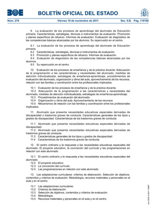 BOLETÍN OFICIAL DEL ESTADO
Viernes 18 de noviembre de 2011	

Sec. II.B. Pág. 119788

9.  La evaluación de los procesos de aprendizaje del alumnado de Educación
primaria. Características, estrategias, técnicas e instrumentos de evaluación. Promoción
y planes específicos de refuerzo. Informes de evaluación. Evaluación de diagnóstico de
las competencias básicas alcanzadas por los alumnos. Su repercusión en el centro.
9.1  La evaluación de los procesos de aprendizaje del alumnado de Educación
primaria.
9.2  Características, estrategias, técnicas e instrumentos de evaluación.
9.3  Promoción y planes específicos de refuerzo. Informes de evaluación.
9.4  Evaluación de diagnóstico de las competencias básicas alcanzadas por los
alumnos.
9.5  Su repercusión en el centro.
10.  Evaluación de los procesos de enseñanza y de la práctica docente: Adecuación
de la programación a las características y necesidades del alumnado, medidas de
atención individualizada, estrategias de enseñanza-aprendizaje, procedimientos de
evaluación del alumnado, organización y clima del aula, aprovechamiento de los recursos,
relación con las familias y coordinación entre los profesionales implicados.
10.1  Evaluación de los procesos de enseñanza y de la práctica docente.
10.2  Adecuación de la programación a las características y necesidades del
alumnado, medidas de atención individualizada, estrategias de enseñanza-aprendizaje.
10.3  Procedimientos de evaluación del alumnado.
10.4  Organización y clima del aula. Aprovechamiento de los recursos.
10.5  Mecanismos de relación con las familias y coordinación entre los profesionales
implicados.
11.  Alumnado que presenta necesidades educativas especiales derivadas de
discapacidad o trastornos graves de conducta. Características generales de los tipos y
grados de discapacidad. Características de los trastornos graves de conducta.
11.1  Alumnado que presenta necesidades educativas especiales derivadas de
discapacidad.
11.2  Alumnado que presenta necesidades educativas especiales derivadas de
trastornos graves de conducta.
11.3  Características generales de los tipos y grados de discapacidad.
11.4  Características de los trastornos graves de conducta.
12.  El centro ordinario y la respuesta a las necesidades educativas especiales del
alumnado. El proyecto educativo, la concreción del currículo y las programaciones en
relación con este alumnado.
12.1  El centro ordinario y la respuesta a las necesidades educativas especiales del
alumnado.
12.2  El proyecto educativo.
12.3  La concreción del currículo.
12.4  Las programaciones en relación con este alumnado.
13.  Las adaptaciones curriculares: criterios de elaboración. Selección de objetivos,
contenidos y criterios de evaluación. Metodología, recursos materiales y personales en el
aula y en el centro.
13.1  Las adaptaciones curriculares.
13.2  Criterios de elaboración.
13.3  Selección de objetivos, contenidos y criterios de evaluación.
13.4 Metodología.
13.5  Recursos materiales y personales en el aula y en el centro.

cve: BOE-A-2011-18097

Núm. 278	

 