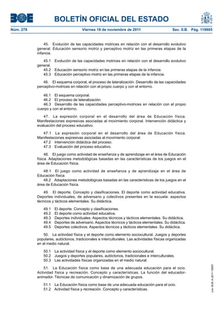 BOLETÍN OFICIAL DEL ESTADO
Núm. 278	

Viernes 18 de noviembre de 2011	

Sec. II.B. Pág. 119805

45.  Evolución de las capacidades motrices en relación con el desarrollo evolutivo
general. Educación sensorio motriz y perceptivo motriz en las primeras etapas de la
infancia.
45.1  Evolución de las capacidades motrices en relación con el desarrollo evolutivo
general.
45.2  Educación sensorio motriz en las primeras etapas de la infancia.
45.3  Educación perceptivo motriz en las primeras etapas de la infancia.
46.  El esquema corporal, el proceso de lateralización. Desarrollo de las capacidades
perceptivo-motrices en relación con el propio cuerpo y con el entorno.
46.1  El esquema corporal.
46.2  El proceso de lateralización.
46.3  Desarrollo de las capacidades perceptivo-motrices en relación con el propio
cuerpo y con el entorno.
47.  La expresión corporal en el desarrollo del área de Educación física.
Manifestaciones expresivas asociadas al movimiento corporal. Intervención didáctica y
evaluación del proceso educativo.
47.1  La expresión corporal en el desarrollo del área de Educación física.
Manifestaciones expresivas asociadas al movimiento corporal.
47.2  Intervención didáctica del proceso.
47.3  Evaluación del proceso educativo.
48.  El juego como actividad de enseñanza y de aprendizaje en el área de Educación
física. Adaptaciones metodológicas basadas en las características de los juegos en el
área de Educación física.
48.1  El juego como actividad de enseñanza y de aprendizaje en el área de
Educación física.
48.2  Adaptaciones metodológicas basadas en las características de los juegos en el
área de Educación física.
49.  El deporte. Concepto y clasificaciones. El deporte como actividad educativa.
Deportes individuales, de adversario y colectivos presentes en la escuela: aspectos
técnicos y tácticos elementales. Su didáctica.
49.1 
49.2 
49.3 
49.4 
49.5 

El deporte. Concepto y clasificaciones.
El deporte como actividad educativa.
Deportes individuales. Aspectos técnicos y tácticos elementales. Su didáctica.
Deportes de adversario. Aspectos técnicos y tácticos elementales. Su didáctica.
Deportes colectivos. Aspectos técnicos y tácticos elementales. Su didáctica.

50.  La actividad física y el deporte como elemento sociocultural. Juegos y deportes
populares, autóctonos, tradicionales e interculturales. Las actividades físicas organizadas
en el medio natural.

51.  La Educación física como base de una adecuada educación para el ocio.
Actividad física y recreación. Concepto y características. La función del educadoranimador. Técnicas de comunicación y dinamización de grupos.
51.1  La Educación física como base de una adecuada educación para el ocio.
51.2  Actividad física y recreación. Concepto y características.

cve: BOE-A-2011-18097

50.1  La actividad física y el deporte como elemento sociocultural.
50.2  Juegos y deportes populares, autóctonos, tradicionales e interculturales.
50.3  Las actividades físicas organizadas en el medio natural.

 